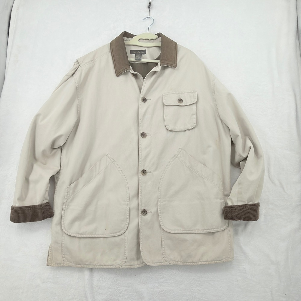 Banana Republic Barn Coat Mens Large Tan Good Leather Collar Corduroy Cuffs